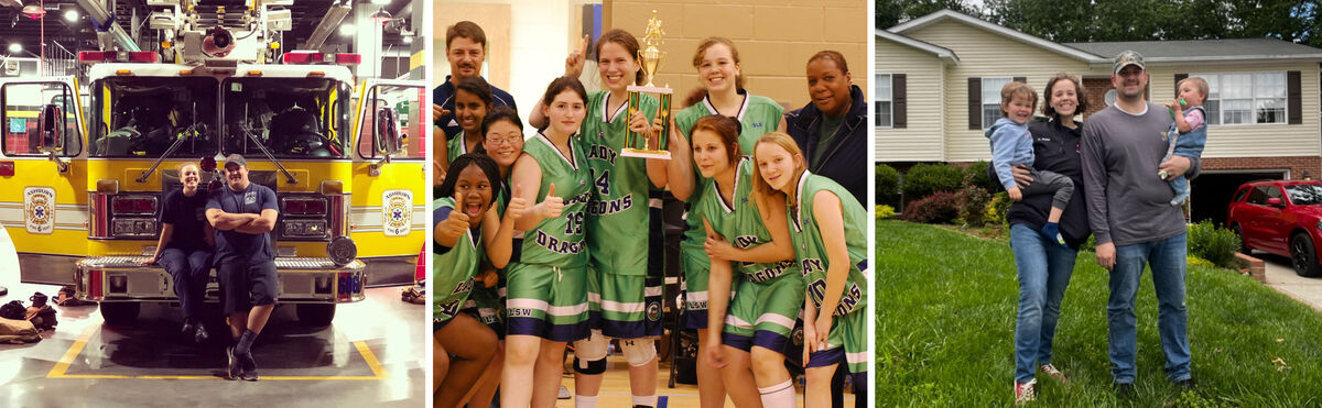 collage of photos of Alex - EMT, basketball champs, family photo