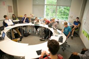 High school classroom students at circle table