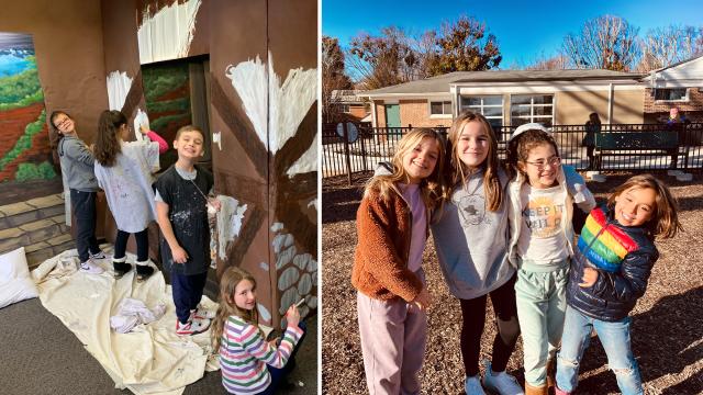 Students painting a paper building structure, a second photo of four children hugging on the playground