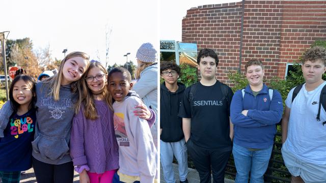 Group of middle school girls shoulder to shoulder standing outside, second photo group of high school boys standing together outside