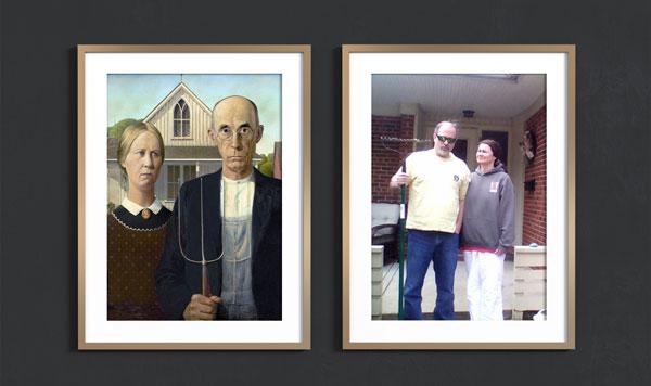 American gothic framed vs photo of recreation with parents